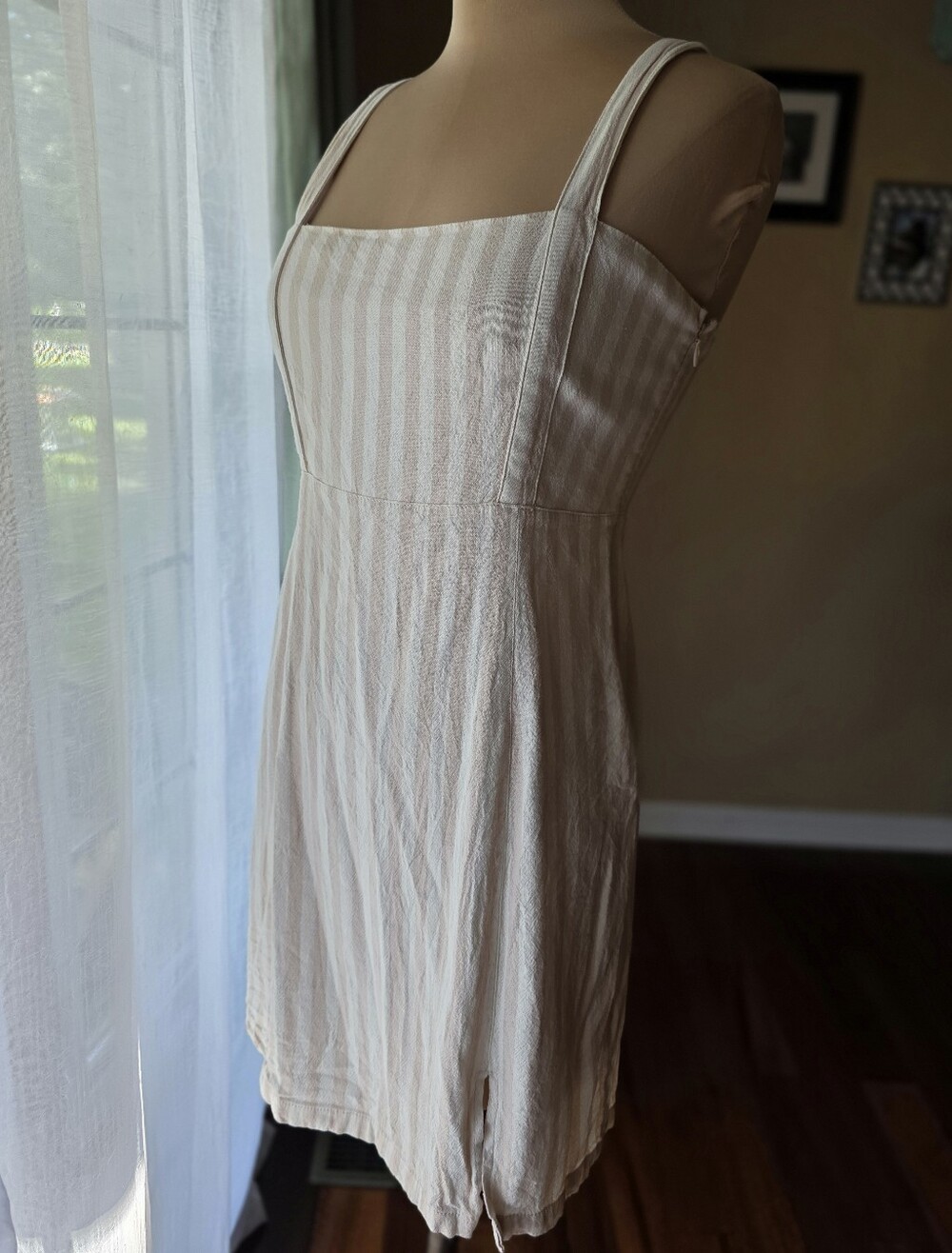 Others Follow Tan White Striped Linen Blend Mini Dress Square Neck Smocked Back